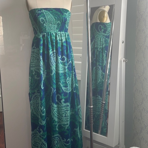 Old Navy Blue Green Paisley Strapless Maxi Dress Size M - Picture 1 of 11